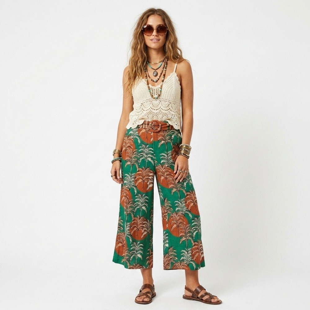Nicole Miller Linen Wide Leg Pants XL Flax Tropical Coastal Boho Resort Relaxed